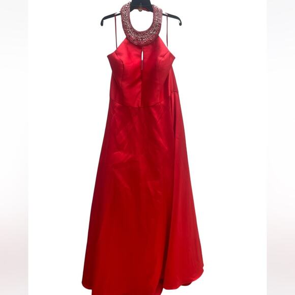 Tease Prom Cherry Red Satin Beaded Halter Cleopatra Glam Full Skirt Formal Dress - Picture 3 of 5